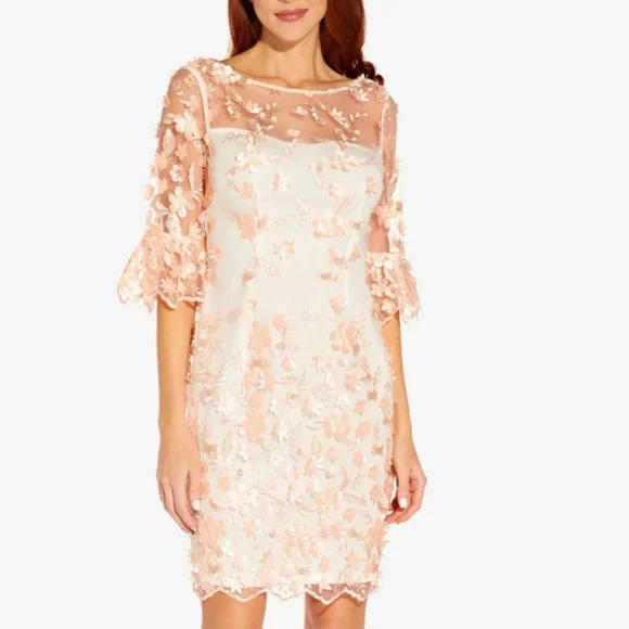 Adrianna Papell | Dresses | Adrianna Papell Embroidered 3d Petal Midilength  Sheath Cocktail Dress | Poshmark